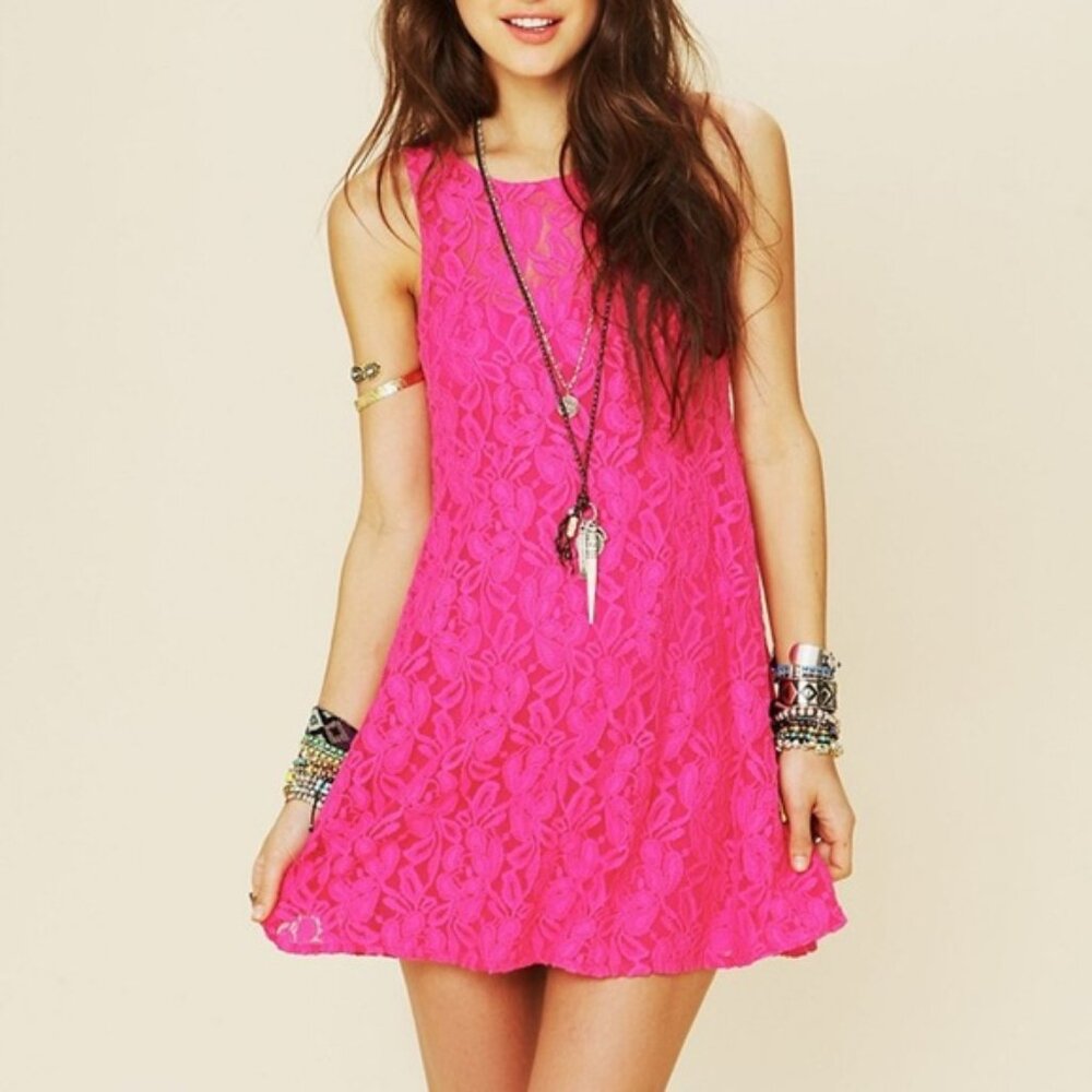 Free People Barbie Hot Pink Floral Lace Sheer Mini Dress Slip M
